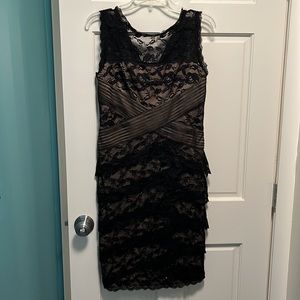 Black and Tan Lace Asymmetrical Cocktail Dress